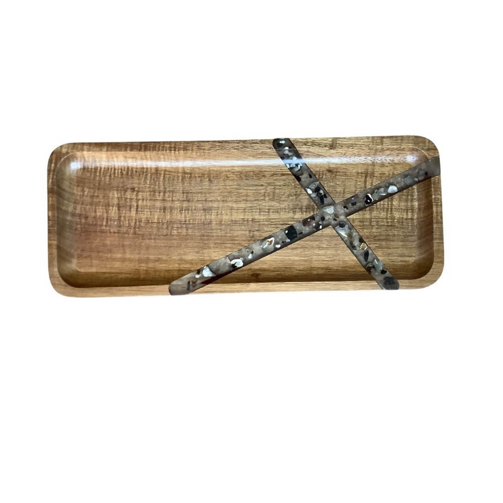 Rectangular Wooden Trinket Tray with Inlaid Stone Accent - Natural Wood